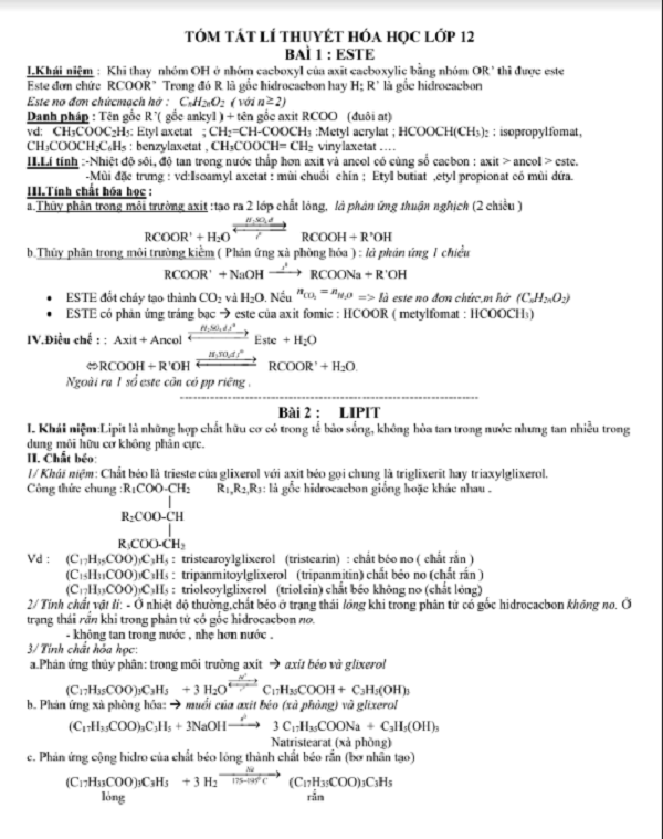 Tổng hợp lý thuyết Hóa học lớp 12 ôn thi THPT quốc gia 2020