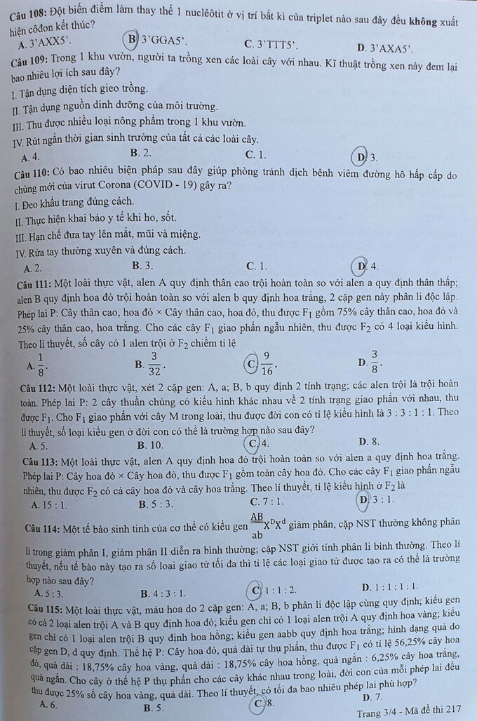 Đề môn Sinh học thi tốt nghiệp THPT